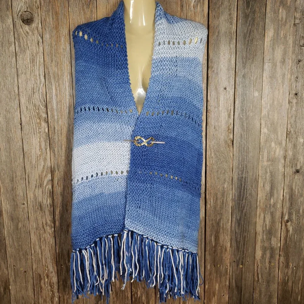 NEW Blue‎ Ombre Knit Shawl Wrap Eyelet Scarf Boho Hippie Coastal Cottage Indie
